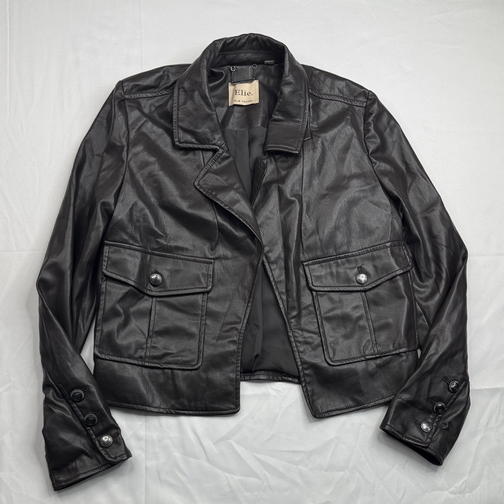 Elie Tahari Black faux vegan Leather Jacket size XS dark brown almost black